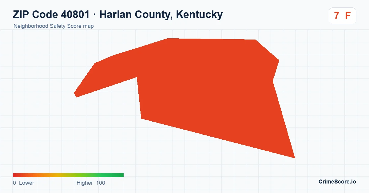 ZIP Code 40801 in Harlan County, Kentucky neighborhood Safety Score map