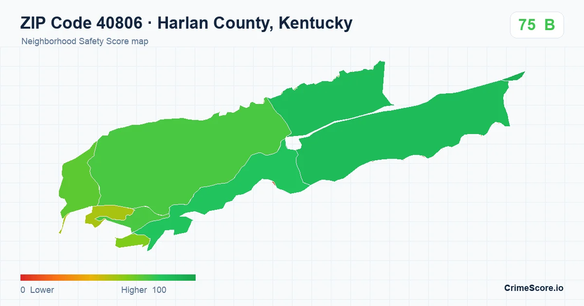 ZIP Code 40806 in Harlan County, Kentucky neighborhood Safety Score map