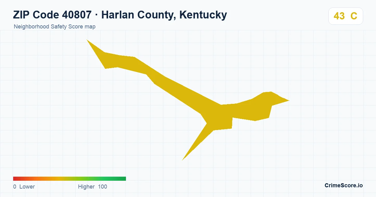 ZIP Code 40807 in Harlan County, Kentucky neighborhood Safety Score map