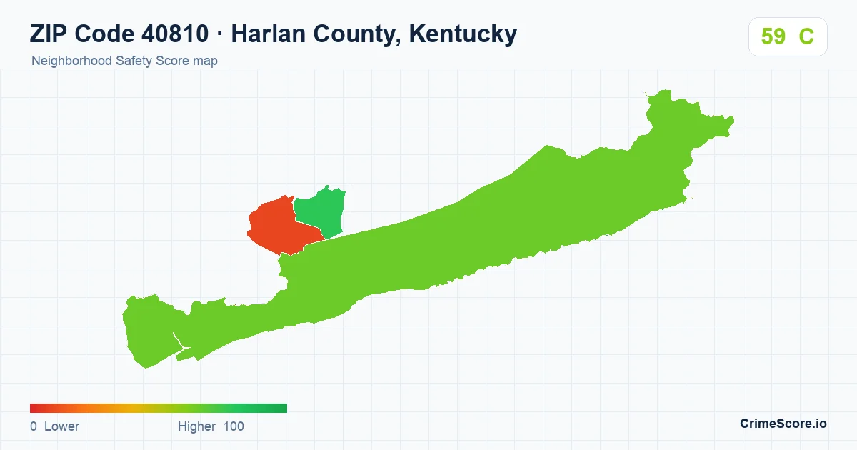 ZIP Code 40810 in Harlan County, Kentucky neighborhood Safety Score map