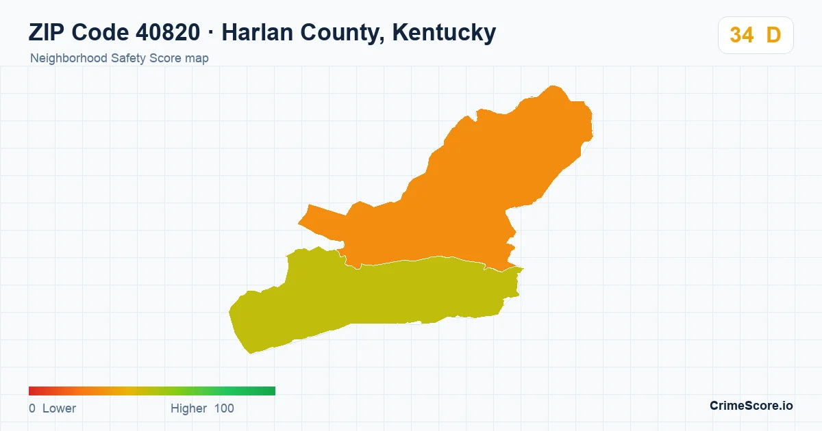 ZIP Code 40820 in Harlan County, Kentucky neighborhood Safety Score map