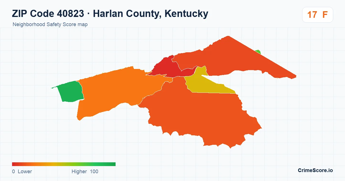 ZIP Code 40823 in Harlan County, Kentucky neighborhood Safety Score map