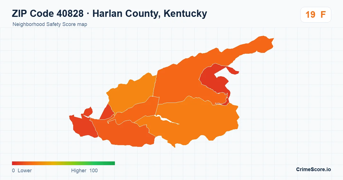 ZIP Code 40828 in Harlan County, Kentucky neighborhood Safety Score map