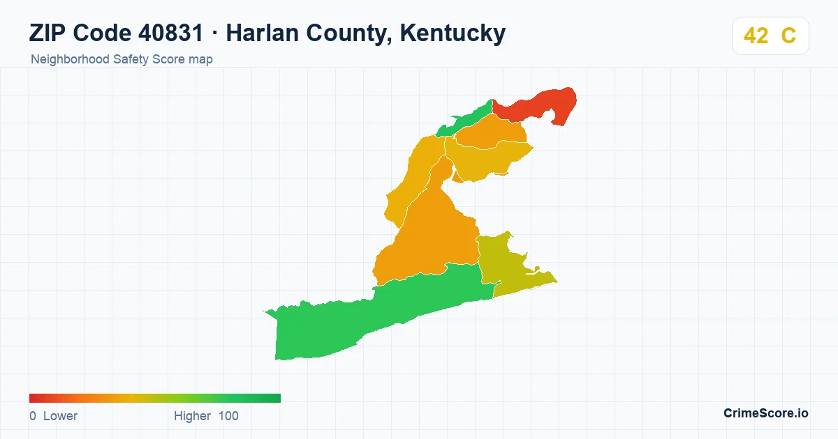 ZIP Code 40831 in Harlan County, Kentucky neighborhood Safety Score map