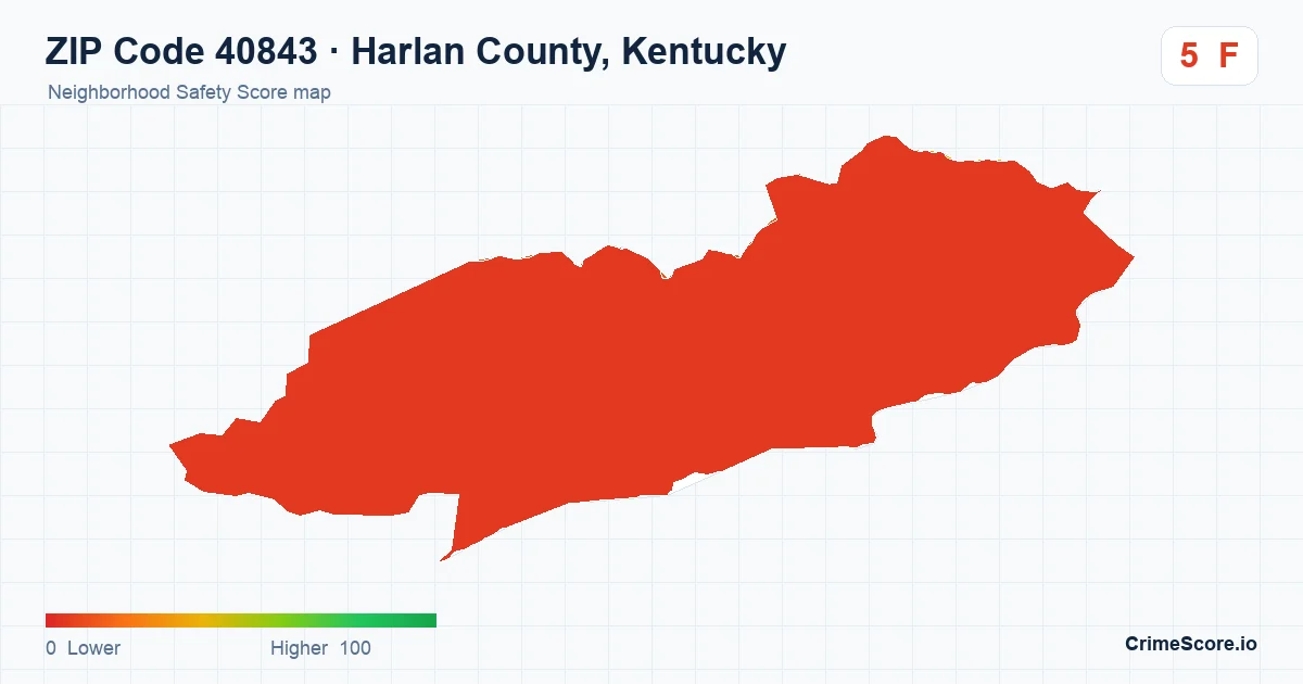 ZIP Code 40843 in Harlan County, Kentucky neighborhood Safety Score map