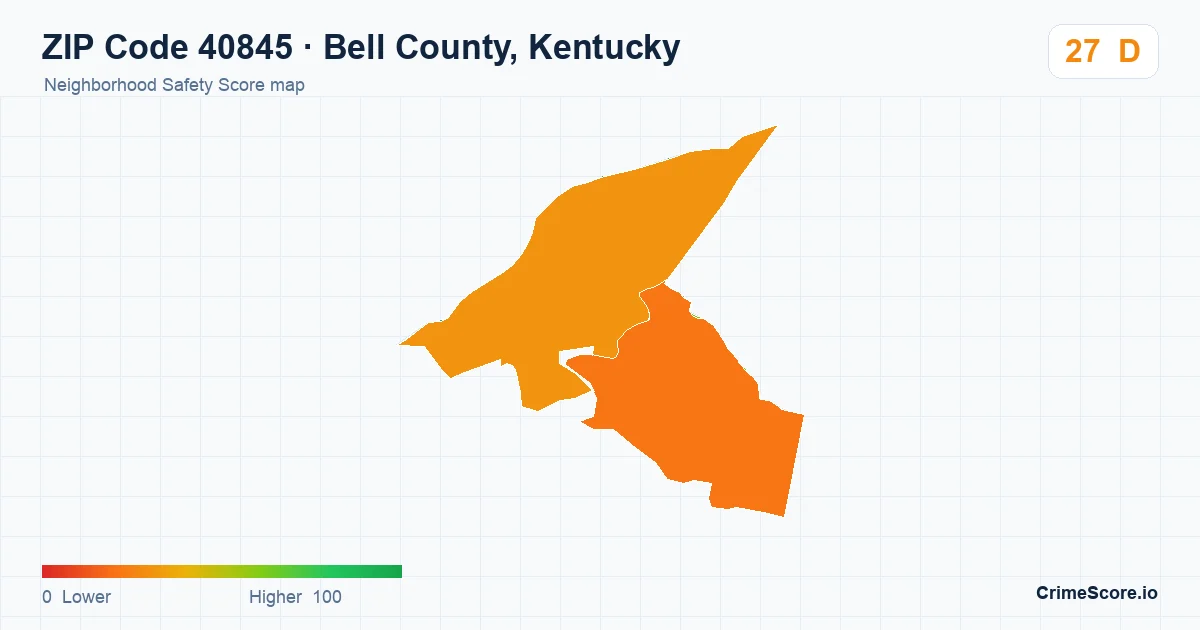 ZIP Code 40845 in Bell County, Kentucky neighborhood Safety Score map