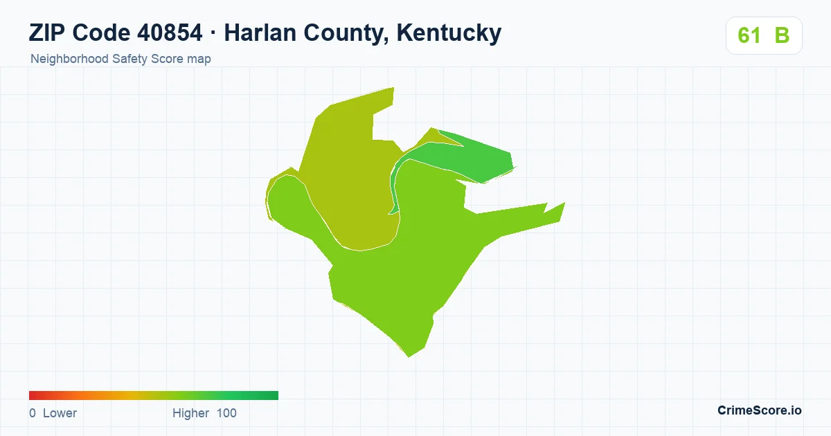 ZIP Code 40854 in Harlan County, Kentucky neighborhood Safety Score map