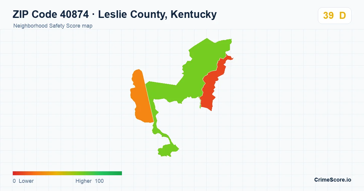 ZIP Code 40874 in Leslie County, Kentucky neighborhood Safety Score map