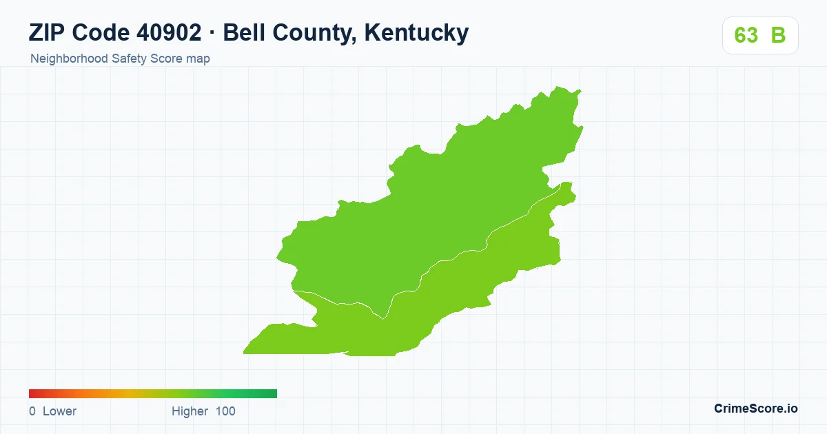 ZIP Code 40902 in Bell County, Kentucky neighborhood Safety Score map