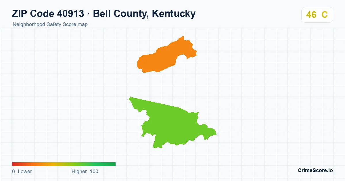 ZIP Code 40913 in Bell County, Kentucky neighborhood Safety Score map