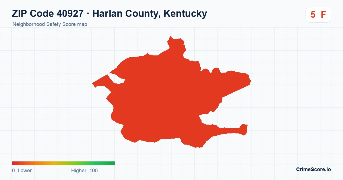 ZIP Code 40927 in Harlan County, Kentucky neighborhood Safety Score map