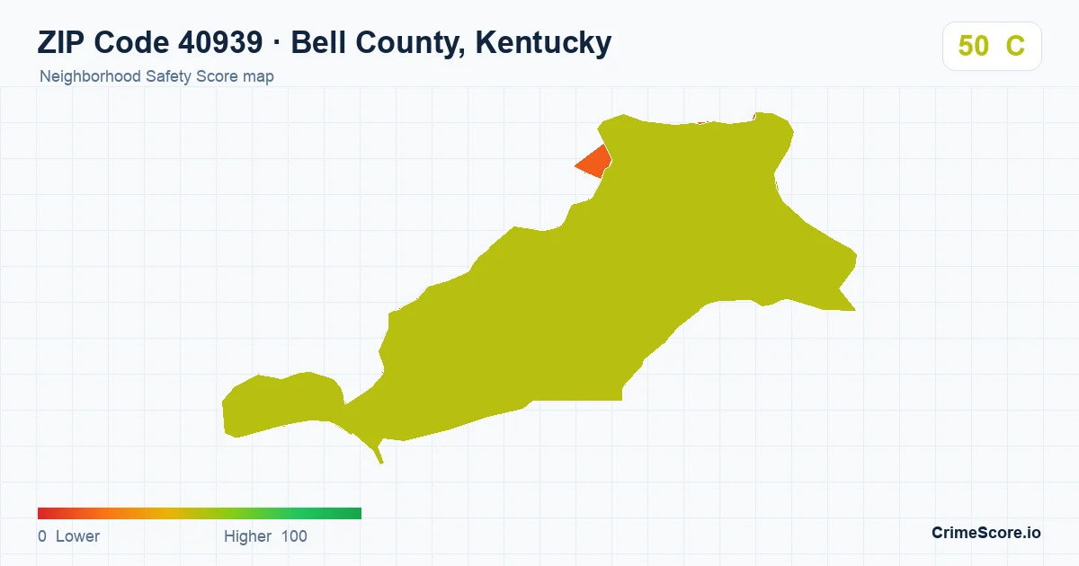 ZIP Code 40939 in Bell County, Kentucky neighborhood Safety Score map