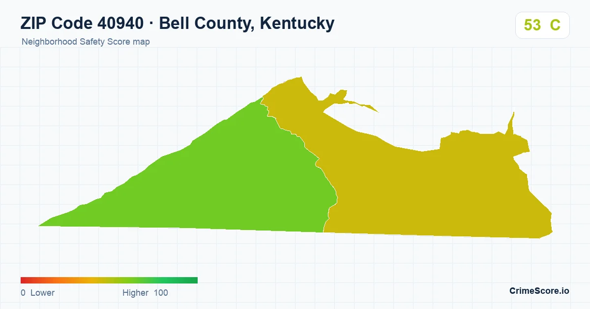 ZIP Code 40940 in Bell County, Kentucky neighborhood Safety Score map