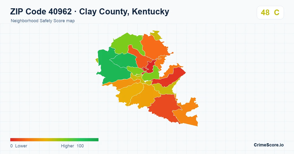 ZIP Code 40962 in Clay County, Kentucky neighborhood Safety Score map