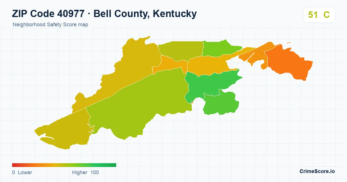 ZIP Code 40977 in Bell County, Kentucky neighborhood Safety Score map