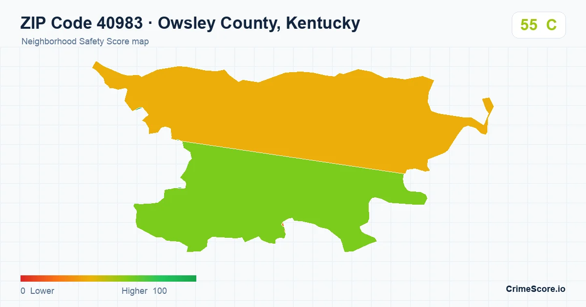 ZIP Code 40983 in Owsley County, Kentucky neighborhood Safety Score map