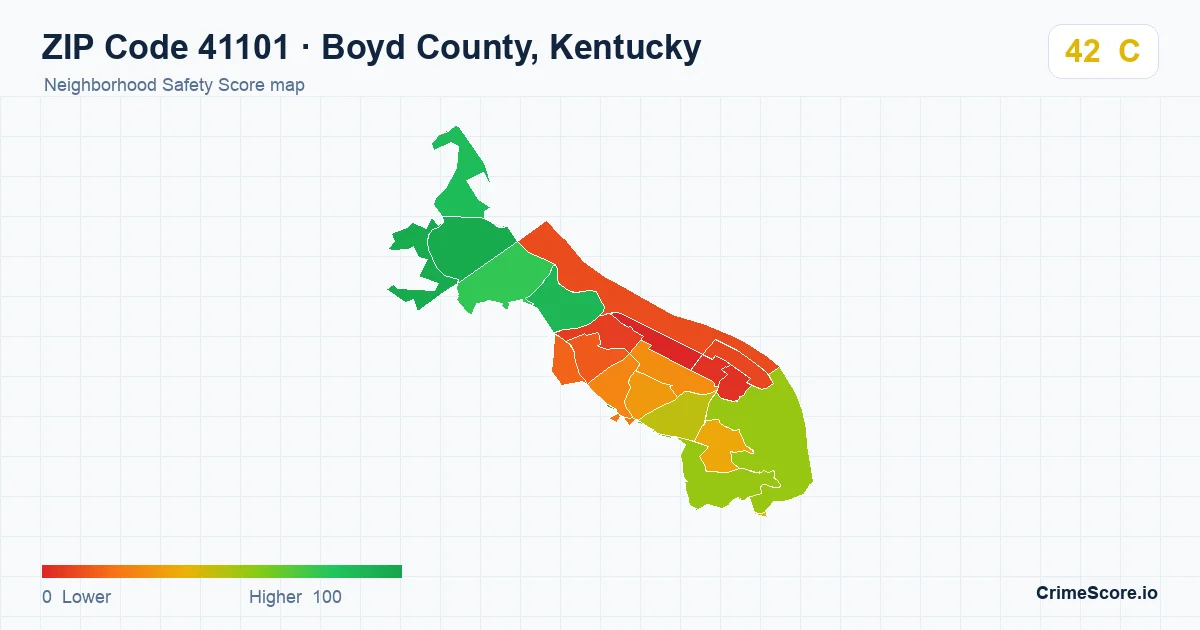 ZIP Code 41101 in Boyd County, Kentucky neighborhood Safety Score map
