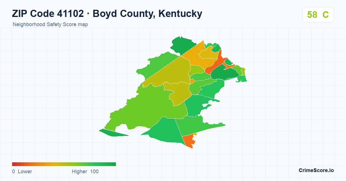 ZIP Code 41102 in Boyd County, Kentucky neighborhood Safety Score map
