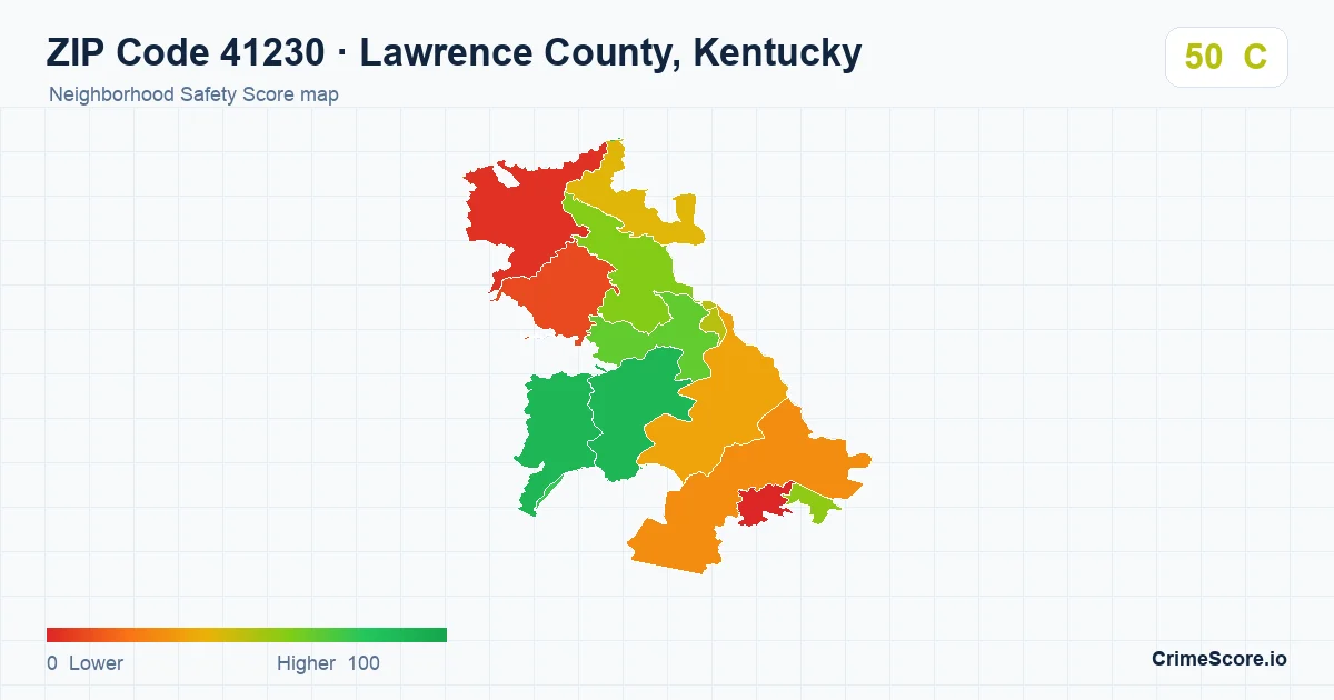 ZIP Code 41230 in Lawrence County, Kentucky neighborhood Safety Score map