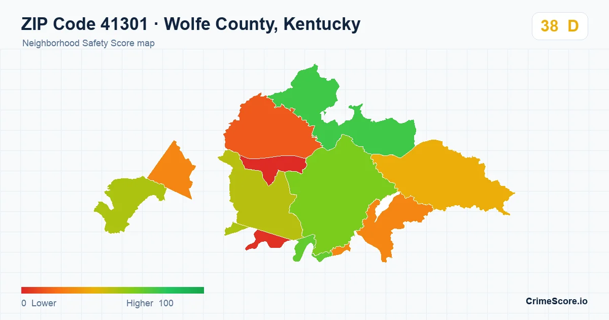 ZIP Code 41301 in Wolfe County, Kentucky neighborhood Safety Score map