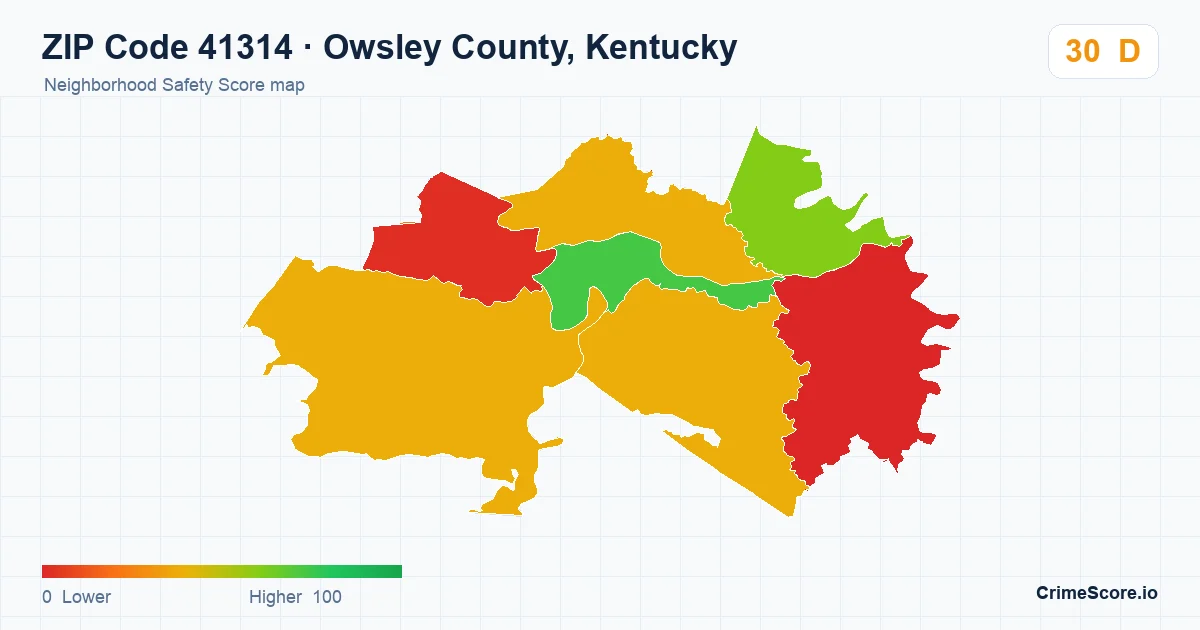 ZIP Code 41314 in Owsley County, Kentucky neighborhood Safety Score map