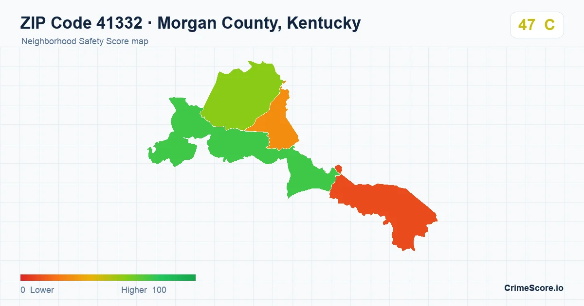 ZIP Code 41332 in Morgan County, Kentucky neighborhood Safety Score map