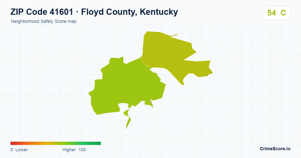 ZIP Code 41601 in Floyd County, Kentucky neighborhood Safety Score map