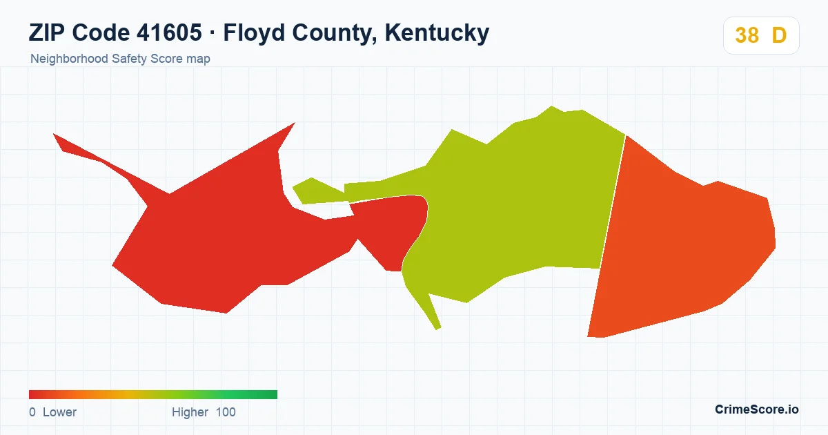 ZIP Code 41605 in Floyd County, Kentucky neighborhood Safety Score map