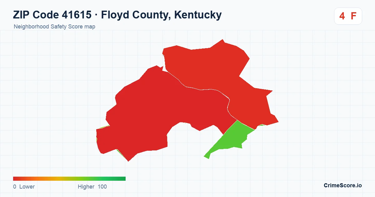 ZIP Code 41615 in Floyd County, Kentucky neighborhood Safety Score map