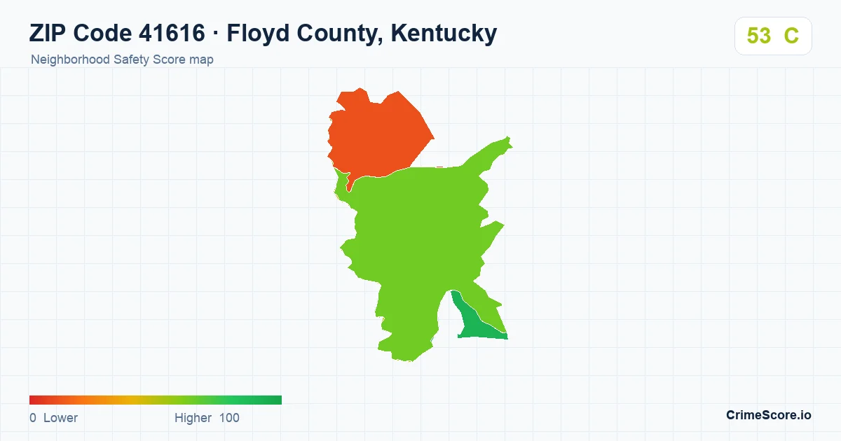 ZIP Code 41616 in Floyd County, Kentucky neighborhood Safety Score map