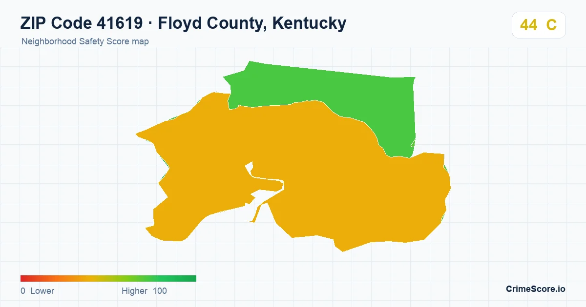 ZIP Code 41619 in Floyd County, Kentucky neighborhood Safety Score map