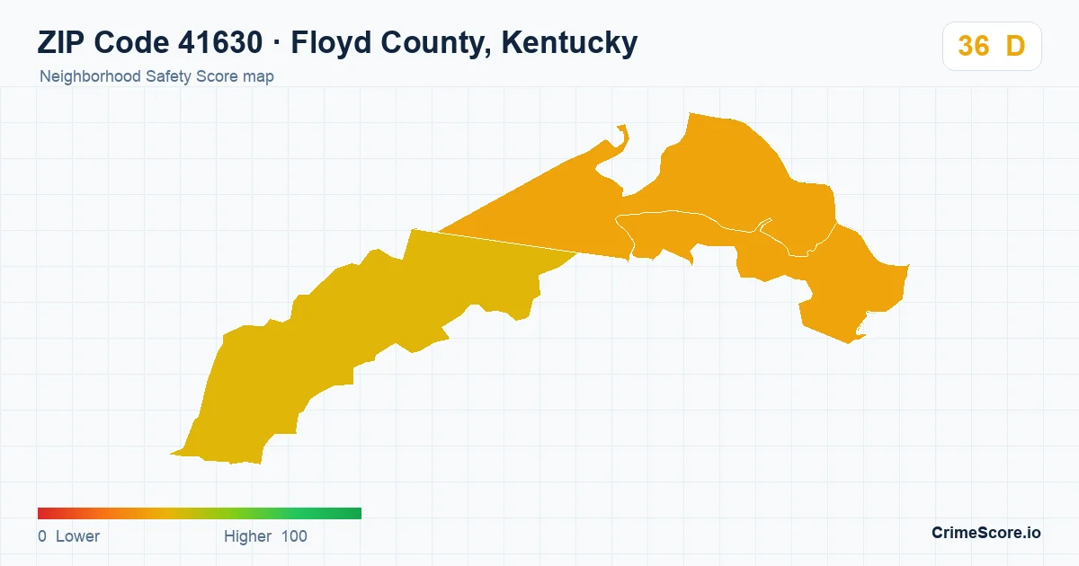 ZIP Code 41630 in Floyd County, Kentucky neighborhood Safety Score map