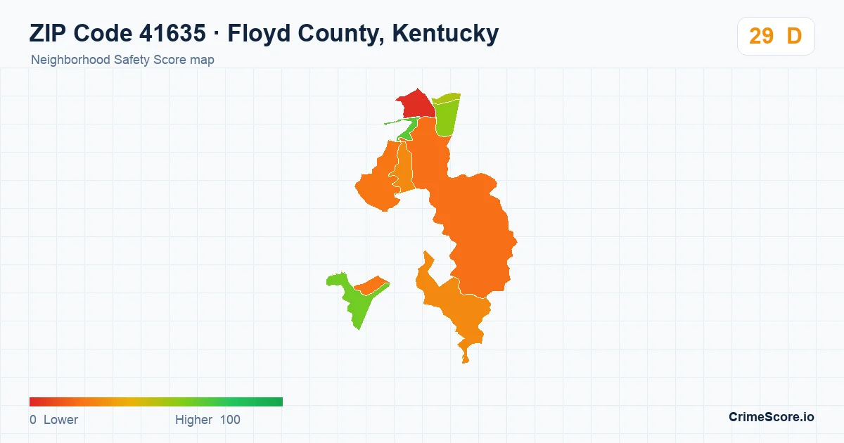 ZIP Code 41635 in Floyd County, Kentucky neighborhood Safety Score map