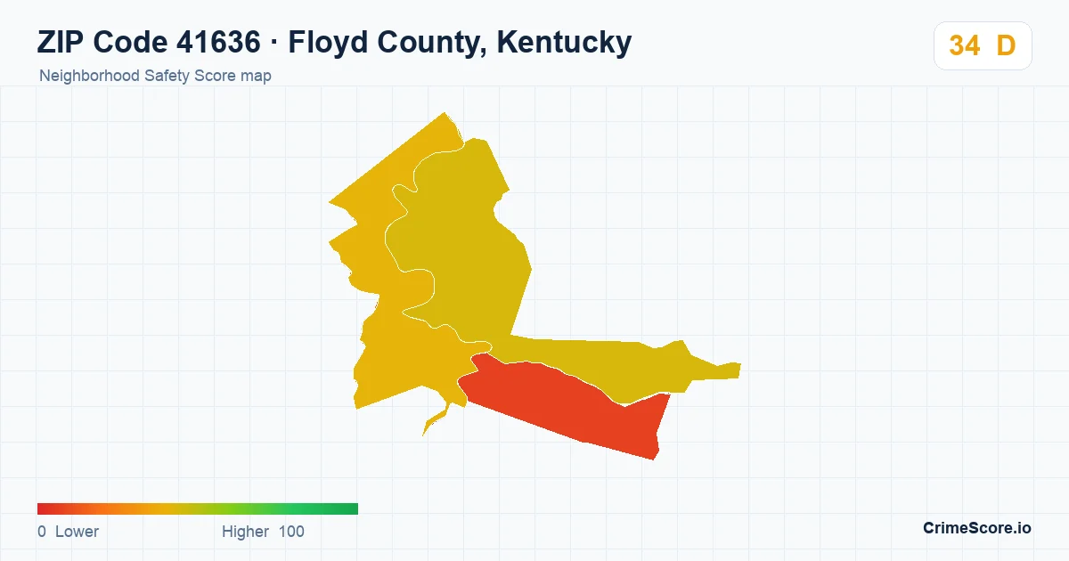 ZIP Code 41636 in Floyd County, Kentucky neighborhood Safety Score map