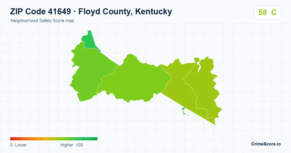 ZIP Code 41649 in Floyd County, Kentucky neighborhood Safety Score map