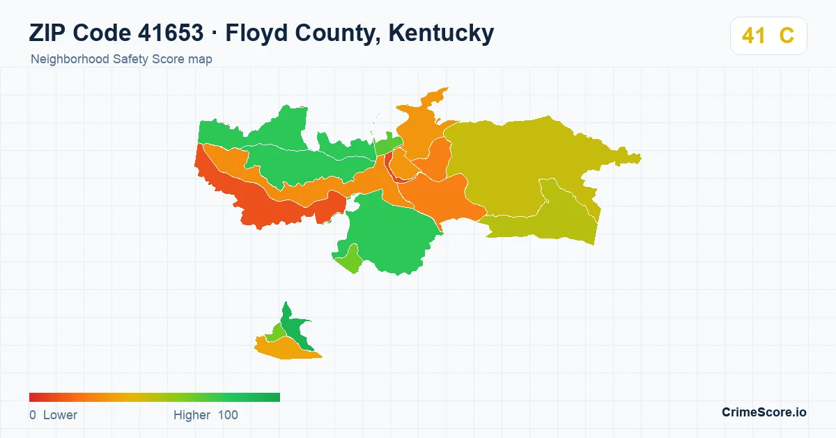 ZIP Code 41653 in Floyd County, Kentucky neighborhood Safety Score map