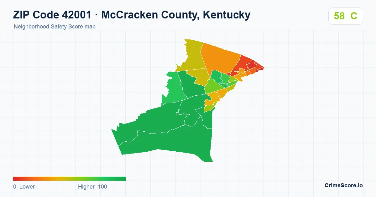 ZIP Code 42001 in McCracken County, Kentucky neighborhood Safety Score map