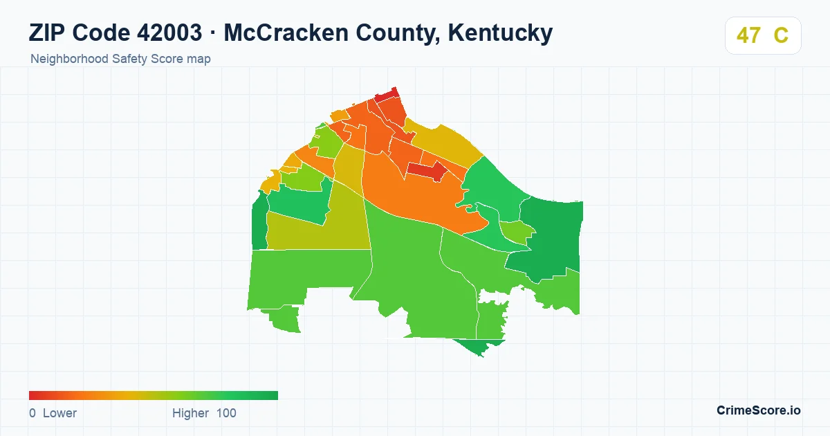 ZIP Code 42003 in McCracken County, Kentucky neighborhood Safety Score map