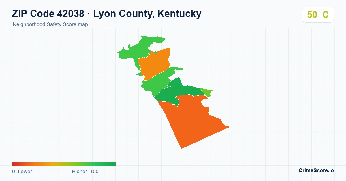 ZIP Code 42038 in Lyon County, Kentucky neighborhood Safety Score map