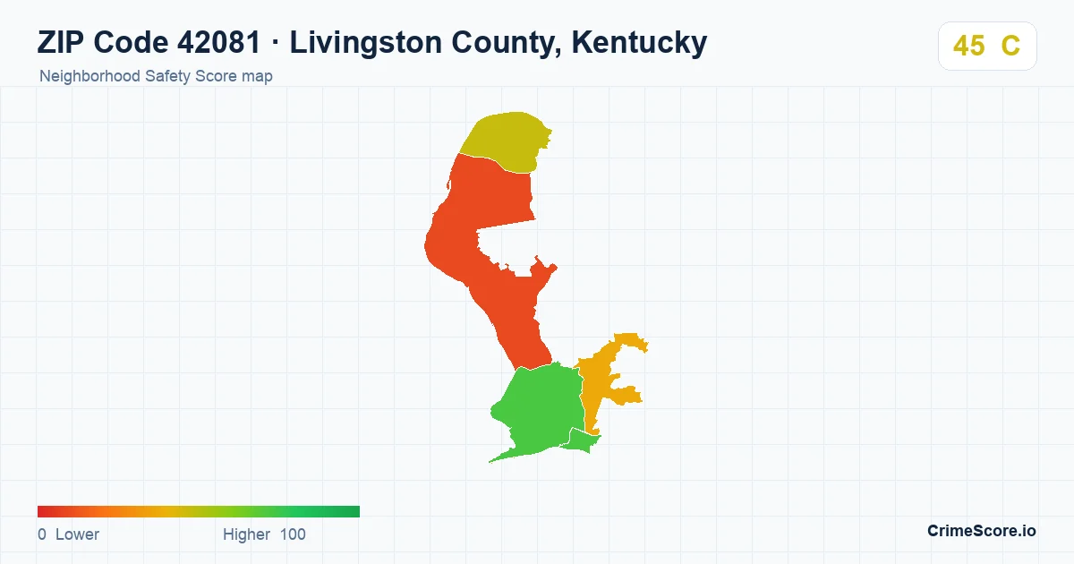 ZIP Code 42081 in Livingston County, Kentucky neighborhood Safety Score map