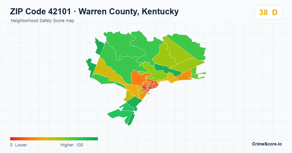 ZIP Code 42101 in Warren County, Kentucky neighborhood Safety Score map