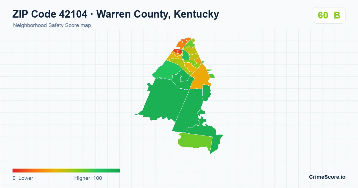 ZIP Code 42104 in Warren County, Kentucky neighborhood Safety Score map