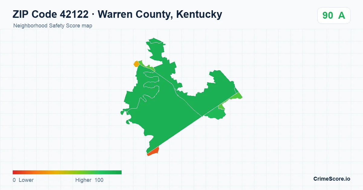 ZIP Code 42122 in Warren County, Kentucky neighborhood Safety Score map