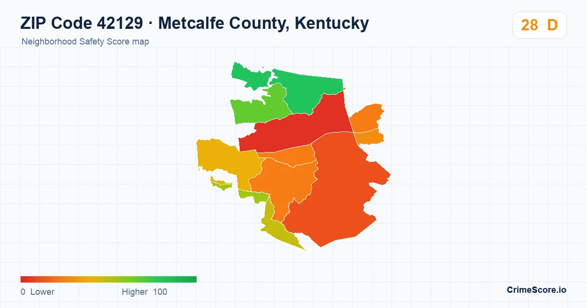 ZIP Code 42129 in Metcalfe County, Kentucky neighborhood Safety Score map