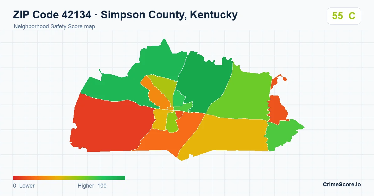 ZIP Code 42134 in Simpson County, Kentucky neighborhood Safety Score map