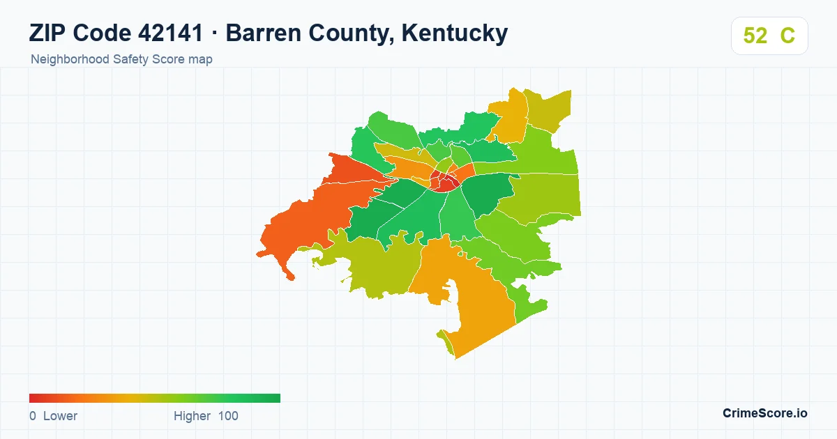 ZIP Code 42141 in Barren County, Kentucky neighborhood Safety Score map