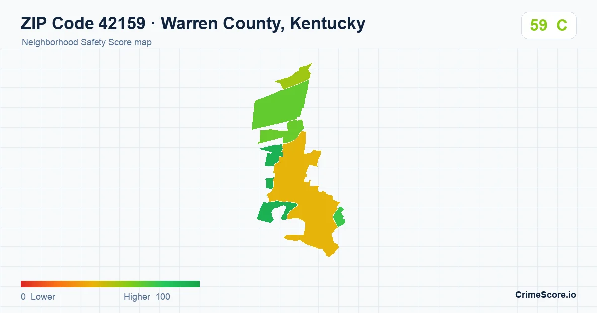 ZIP Code 42159 in Warren County, Kentucky neighborhood Safety Score map