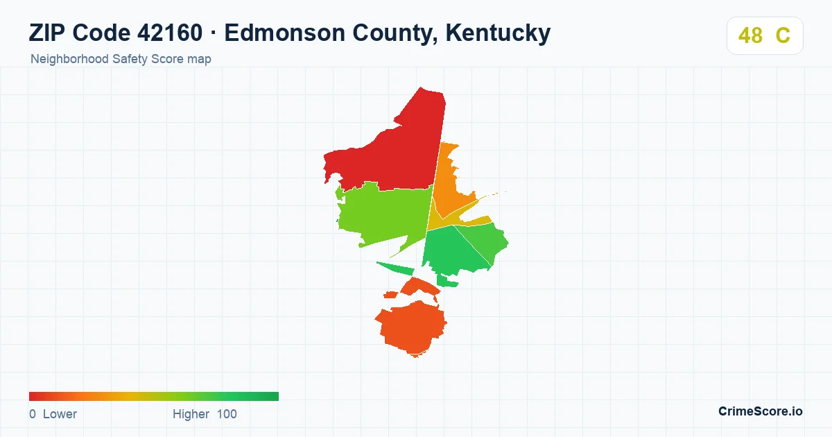 ZIP Code 42160 in Edmonson County, Kentucky neighborhood Safety Score map