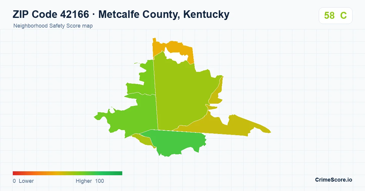 ZIP Code 42166 in Metcalfe County, Kentucky neighborhood Safety Score map
