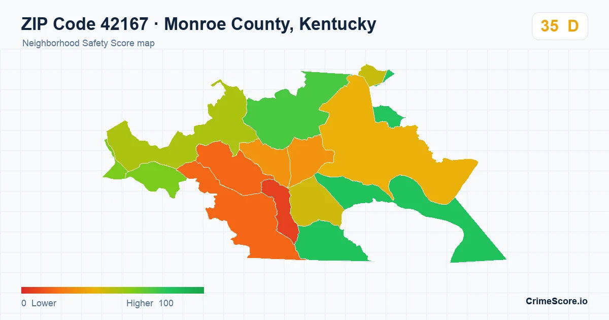 ZIP Code 42167 in Monroe County, Kentucky neighborhood Safety Score map